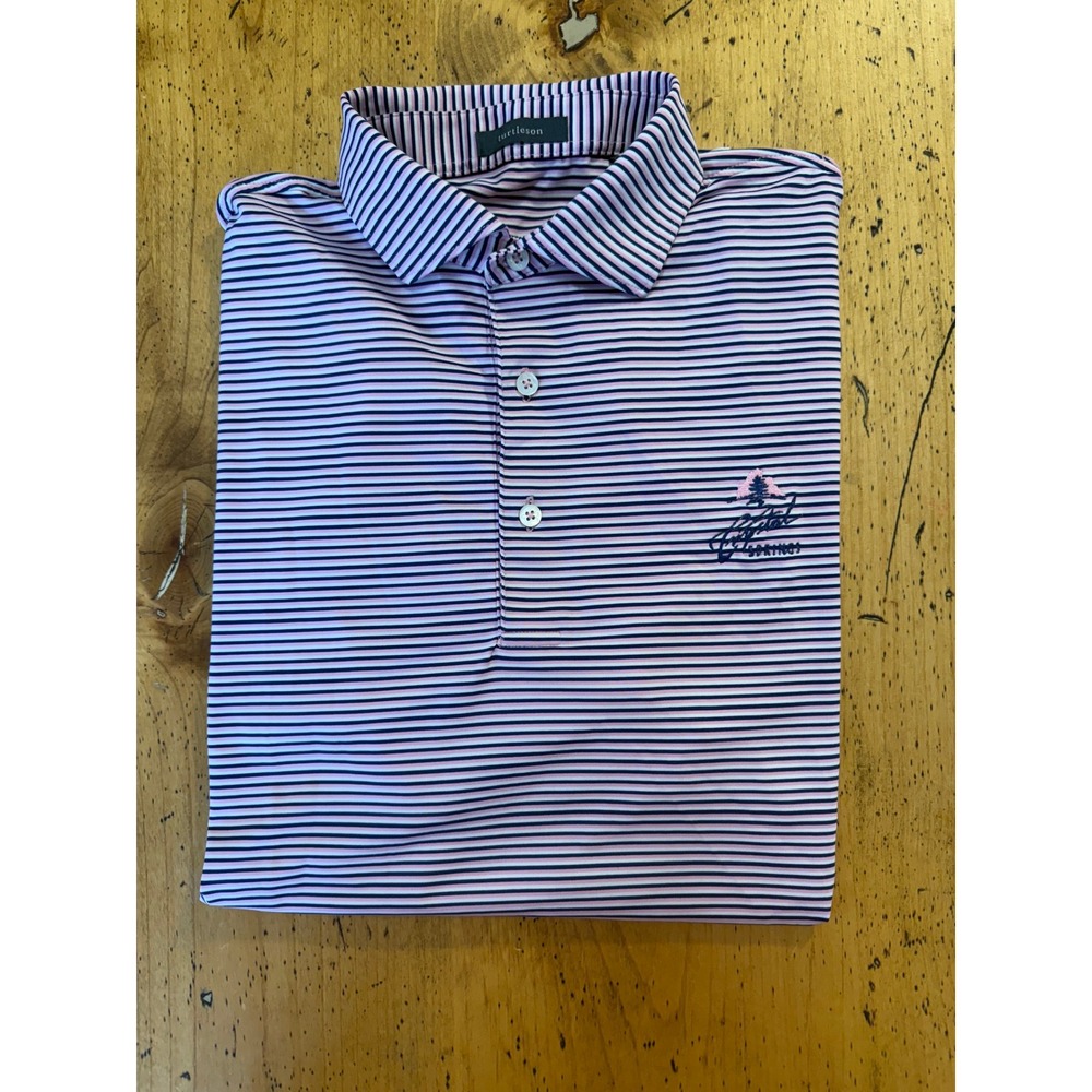 Crystal Springs • Turtleson Polo Size M Pink Navy Striped Performance Golf Shirt